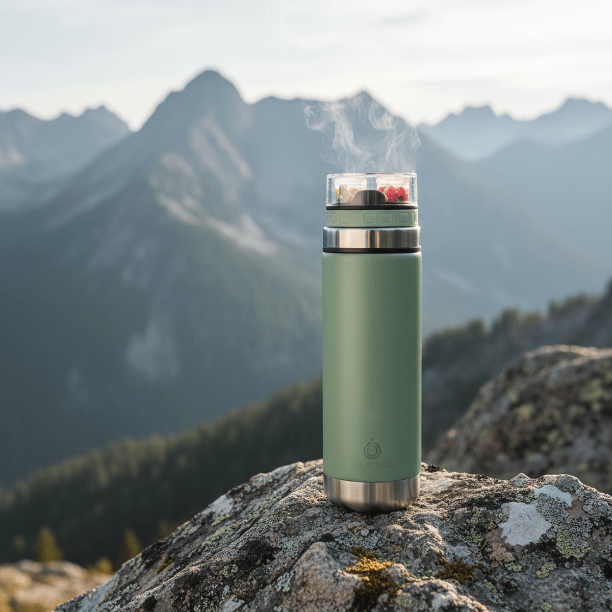 Sage green double-walled stainless steel water bottle on a granite ledge.