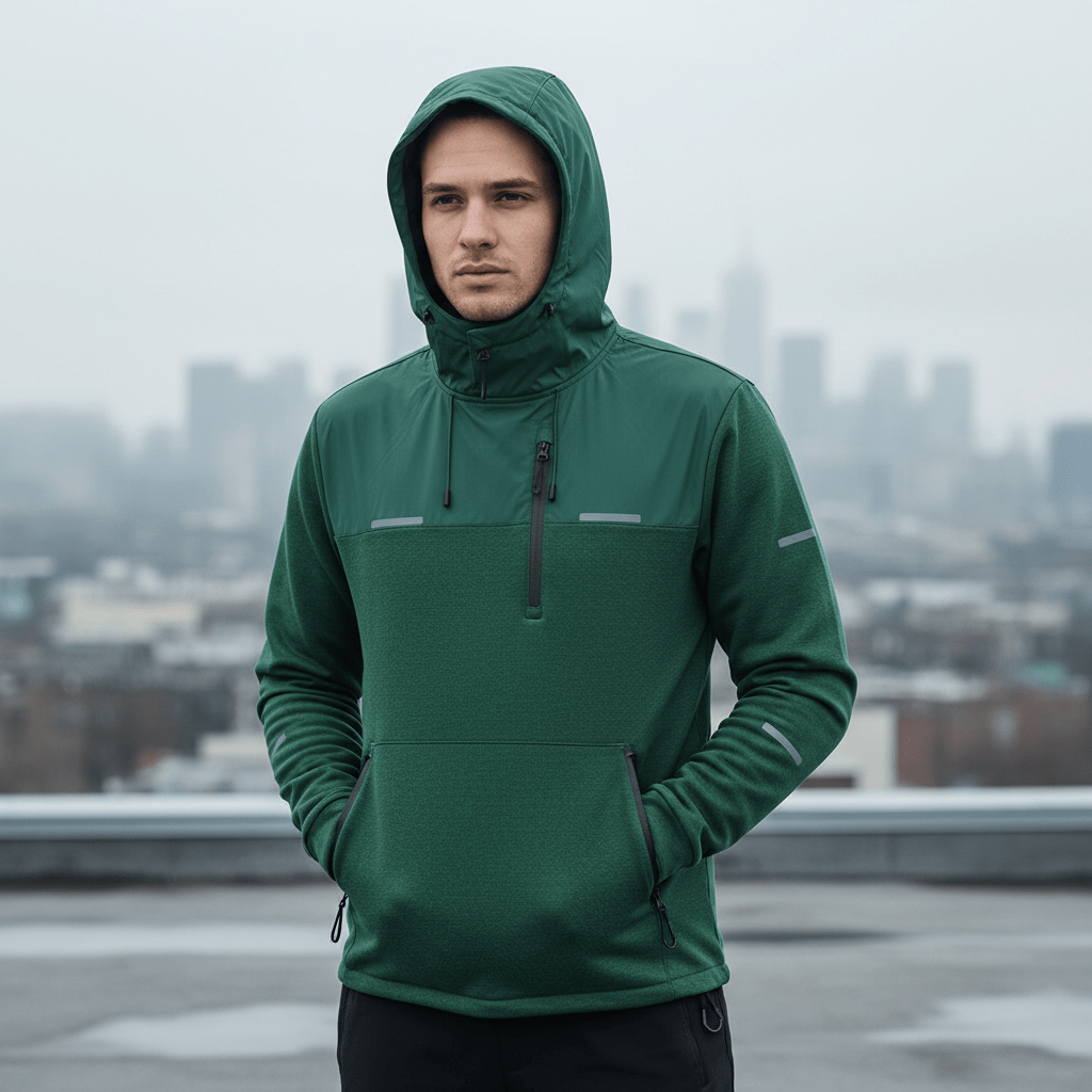 Male model in a forest green technical hoodie on an urban rooftop at dusk.