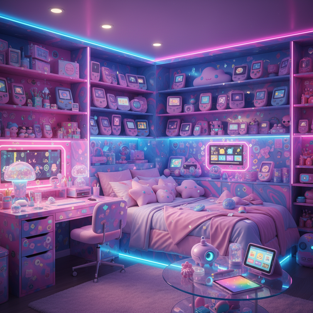 Kawaii bedroom in 2026 filled with gaming collectibles and neon accents.