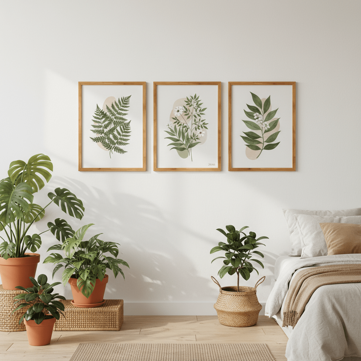 Sustainable bamboo poster frames with warm honey tones in a calm bedroom.