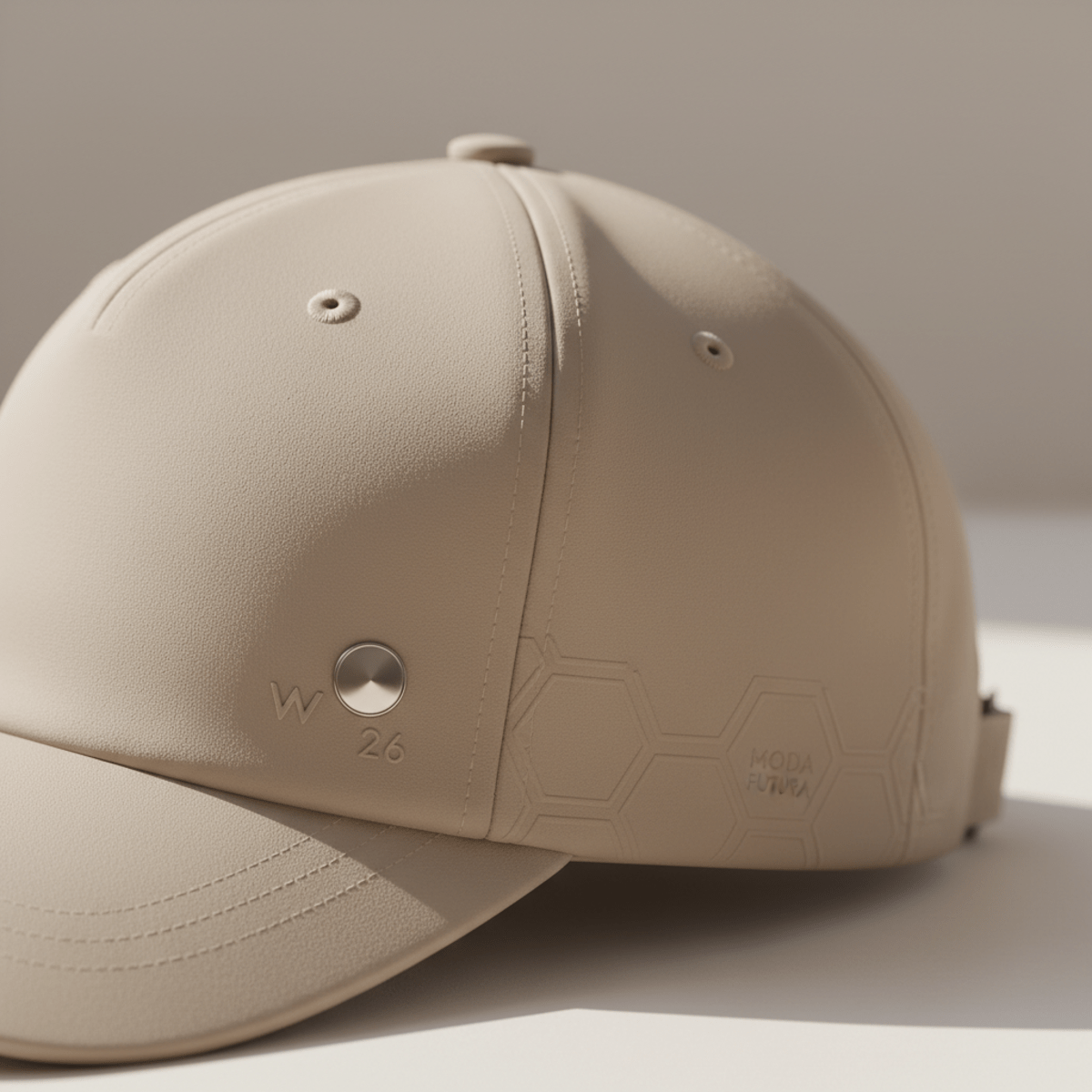 Close-up of a premium matte silk-blend cap with tonal embroidery and metal pin.