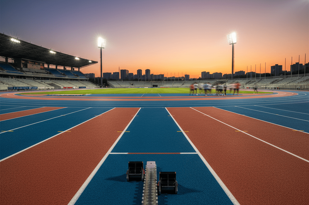 Empty athletics track with starting blocks and distant blurred runners under warm evening lights, symbolizing talent progression