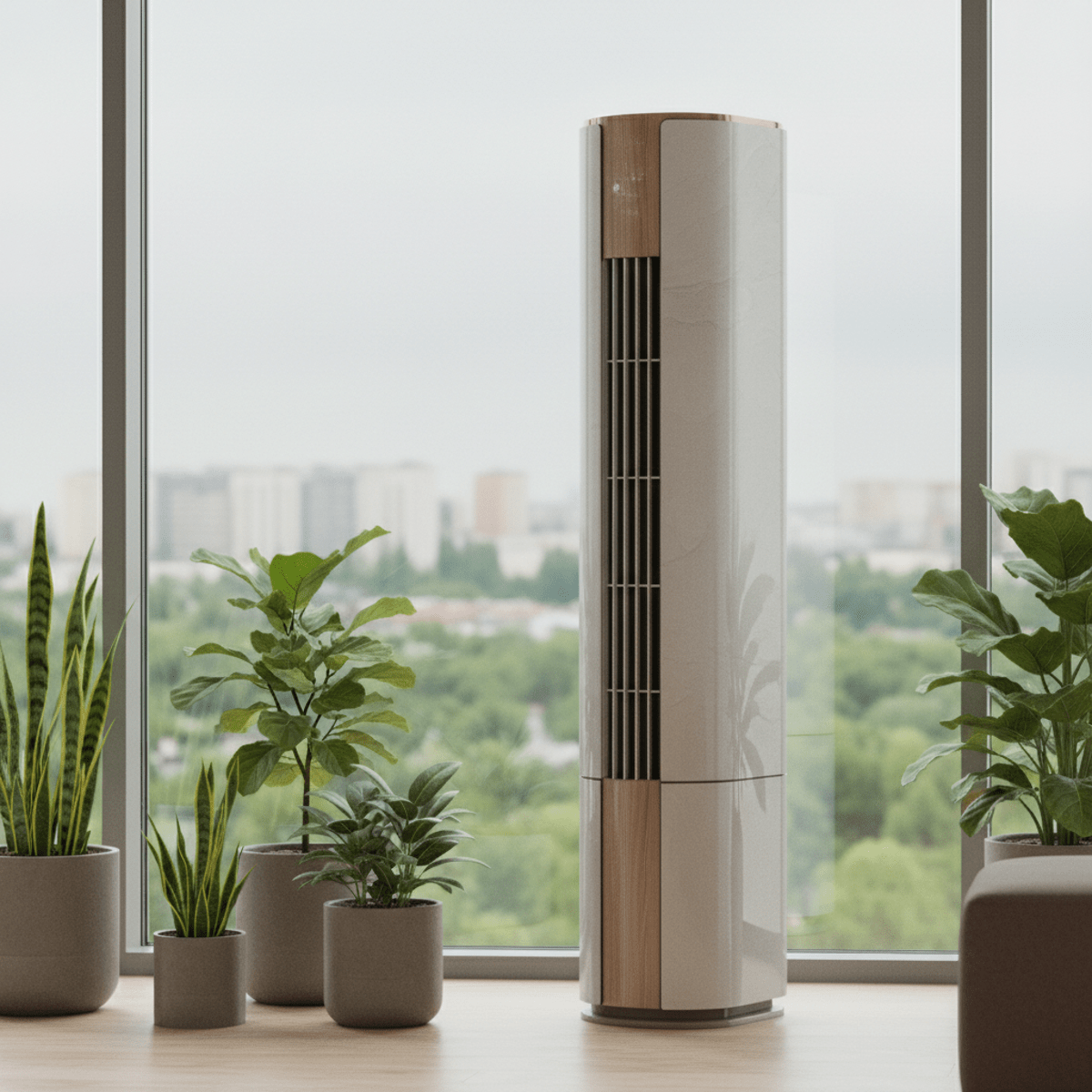 Sleek eco-modern air conditioner in a minimalist living space with greenery.