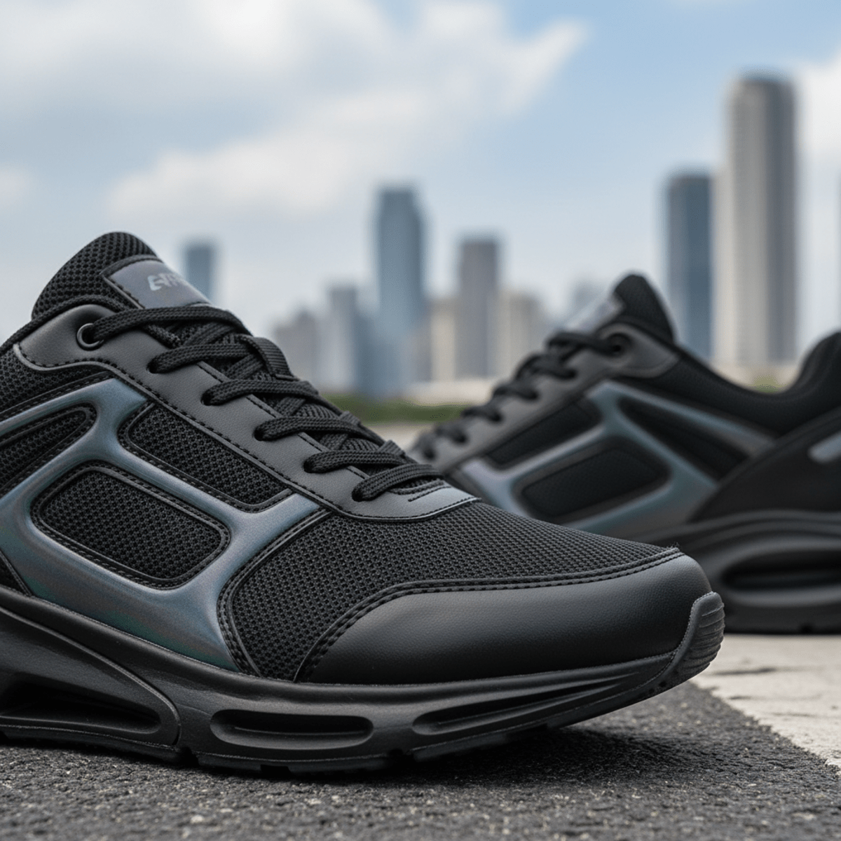 Sleek black men's sneakers with iridescent panels on an urban street.