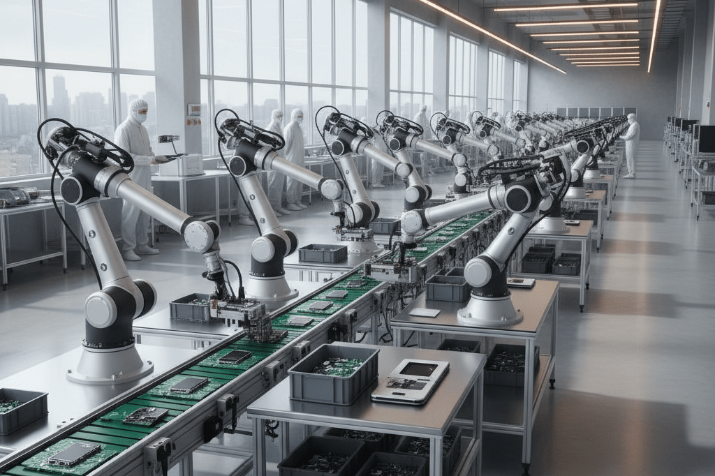 Wide shot of an advanced smartphone factory with robots and tools operating efficiently, showcasing industry resilience