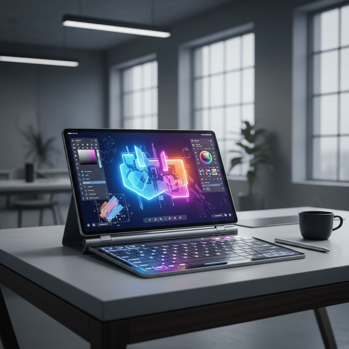 High-tech tablet with dual OLED screens, keyboard, and drawing surface.