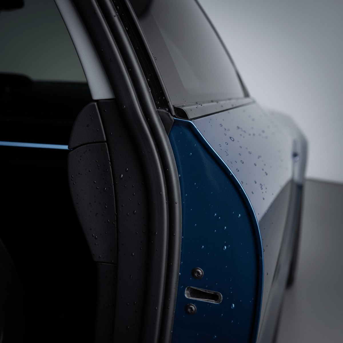 Black rubber weatherstrip on a car door with seamless adhesive and water droplets.