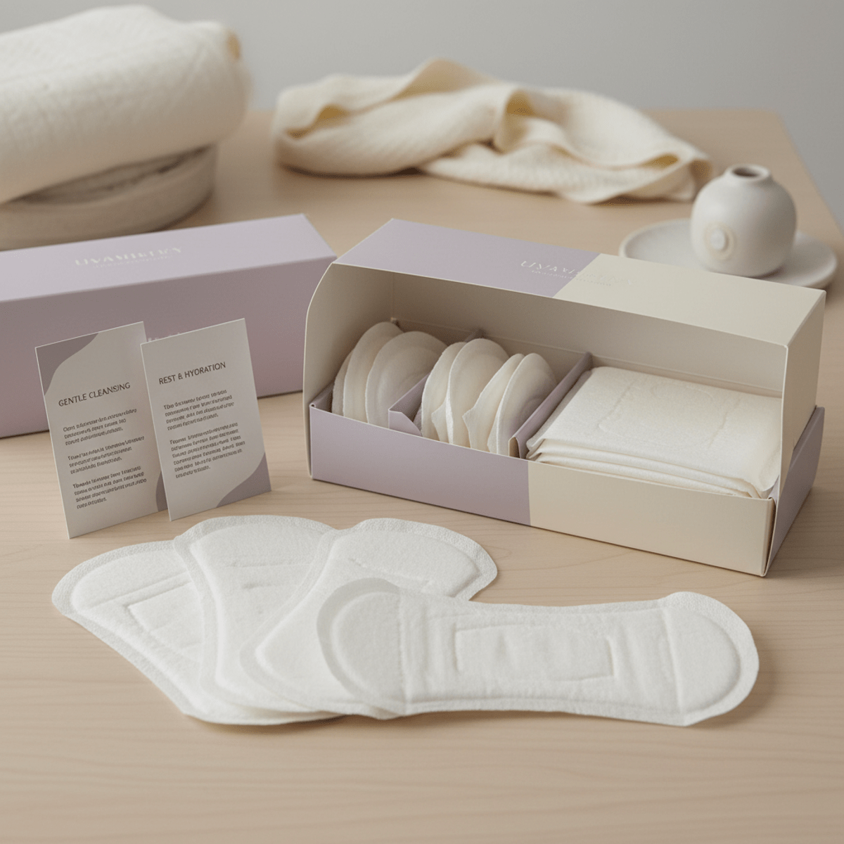 Maternity pads and packaging with postpartum recovery tips in a muted lavender and cream palette.