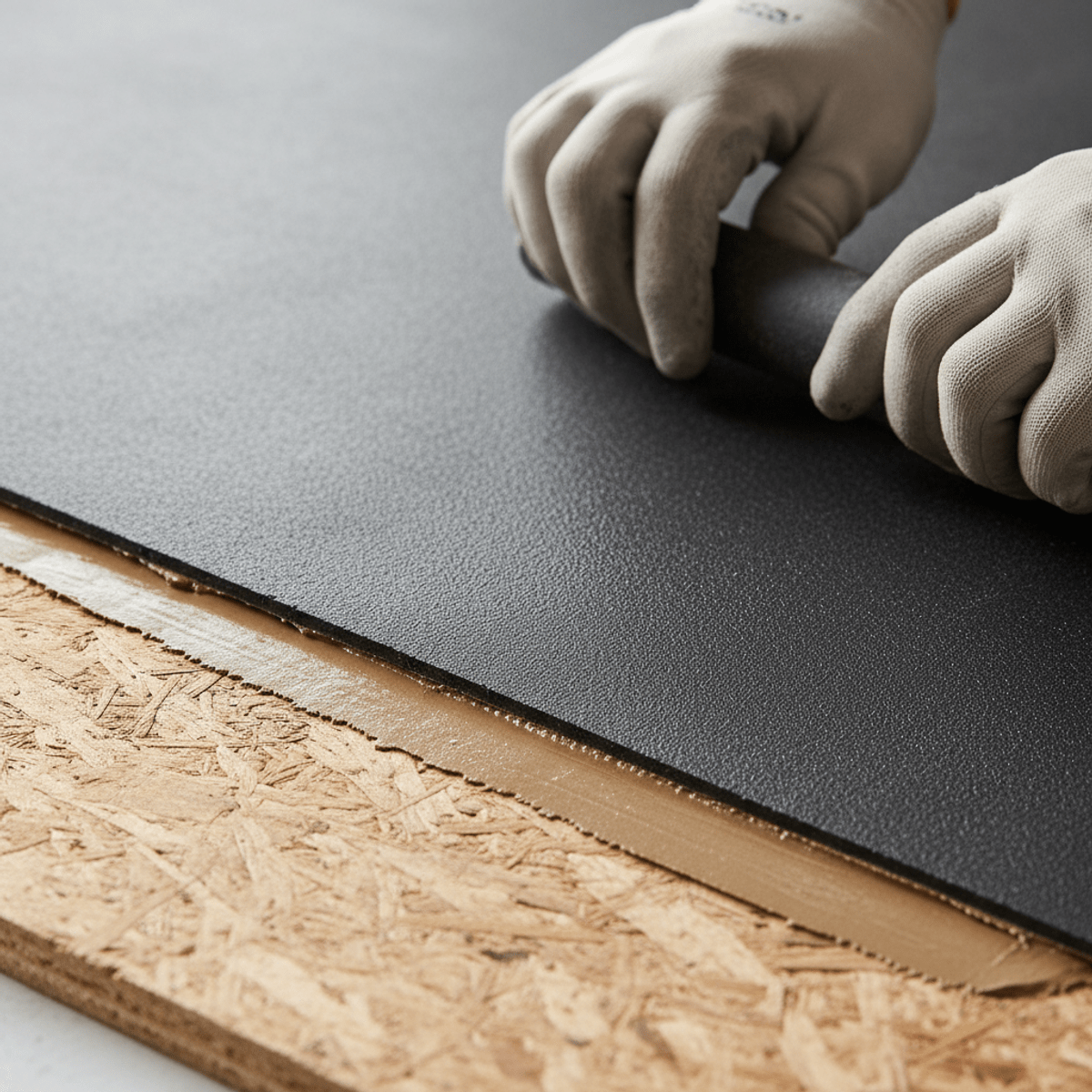 Close-up of rubber flooring bonding to substrate with adhesive, showing uniform tackiness.