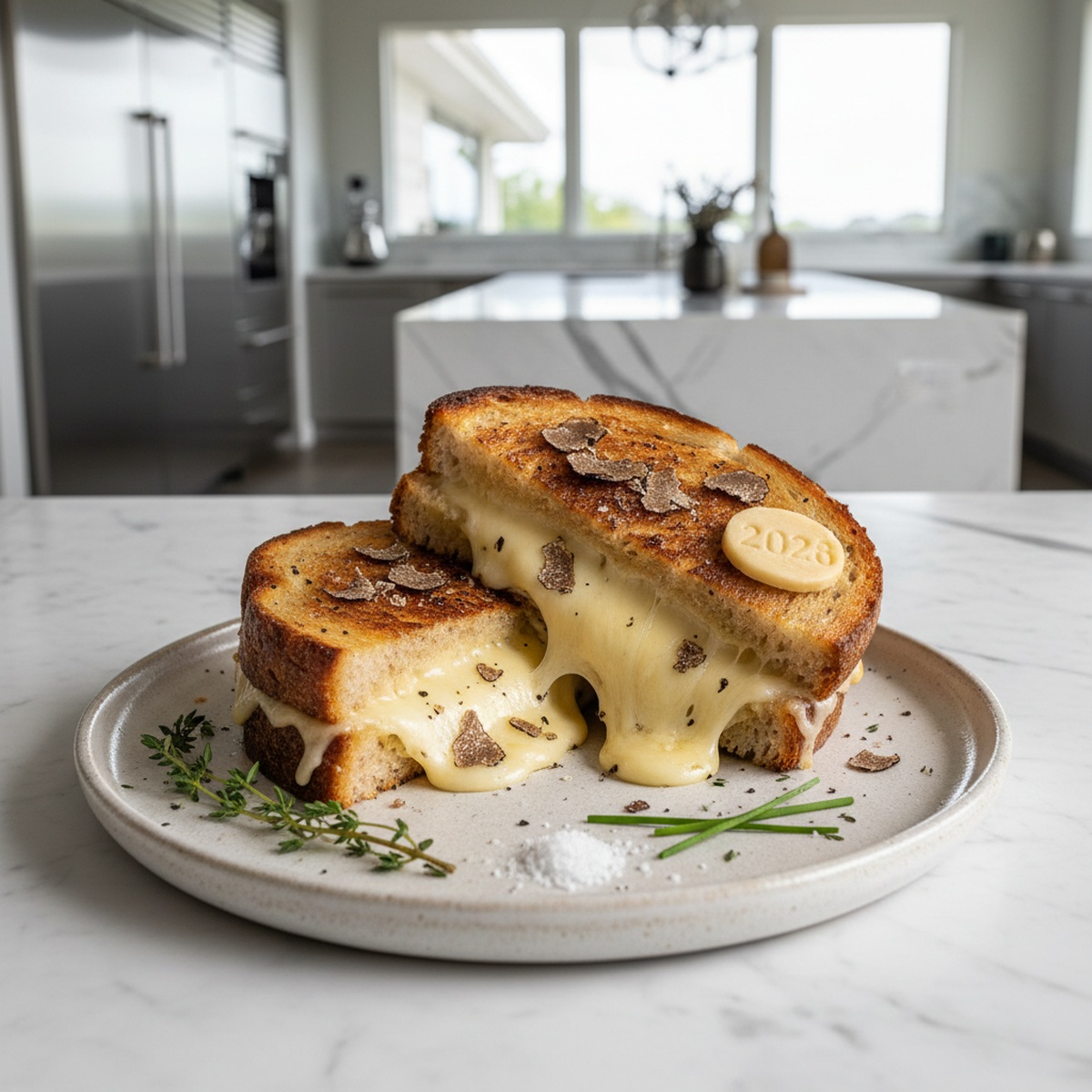 Artisanal sourdough grilled cheese with truffle on a ceramic plate.