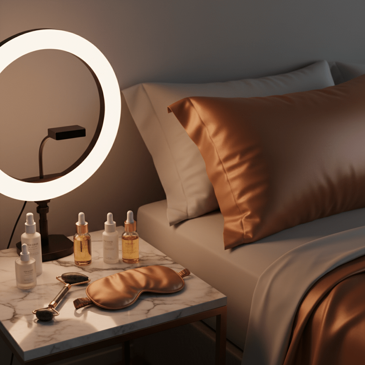 Serene beauty sanctuary with copper pillowcase, silk folds, and marble table.