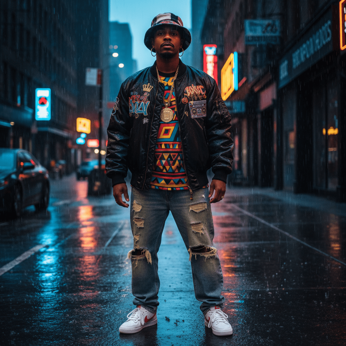 Streetwear model in 80s hip hop style with embroidered bomber jacket and distressed denim.