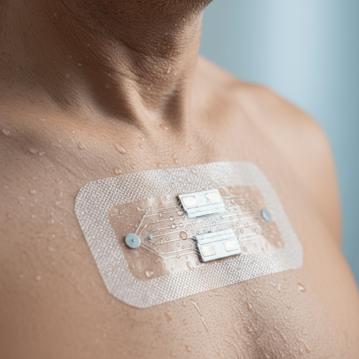 Ultra-thin flexible biometric patch adheres to a man's torso, showing sleek sensors.