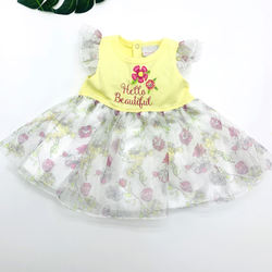 Rubber print organza mesh satin lining flutter sleeve cute infant clothing new born tulle dress baby girl clothes