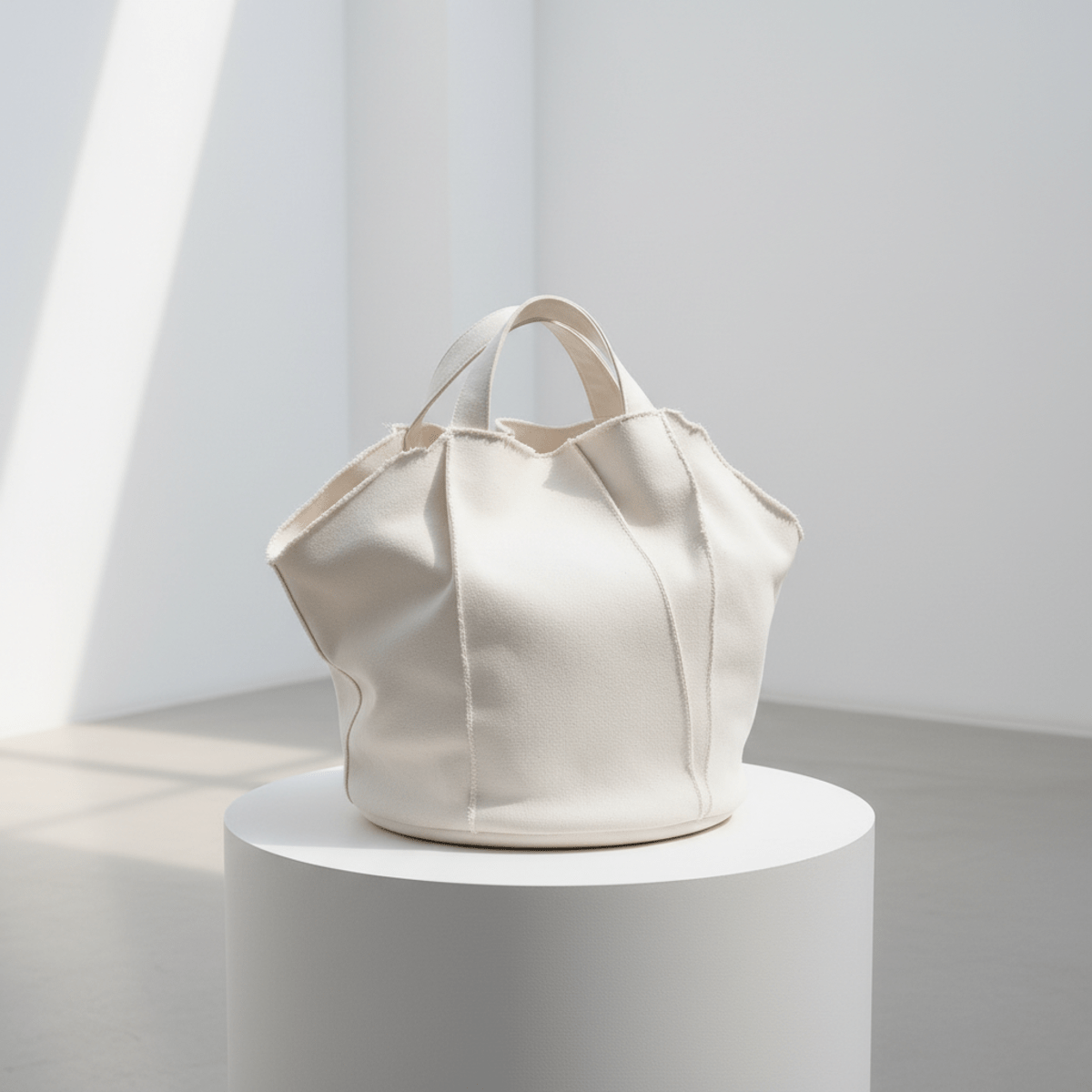 Sculptural white canvas bag with inverted seams and pleats on a pedestal.