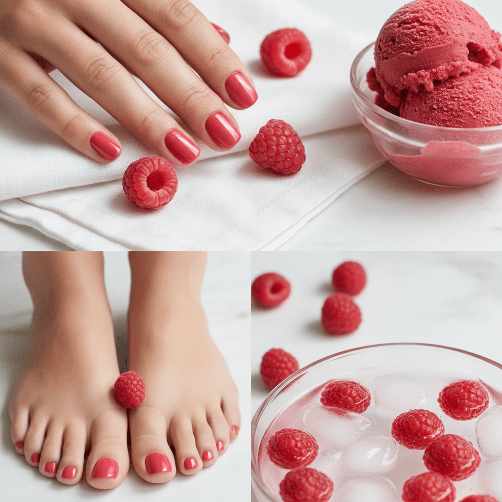 Vibrant juicy pink-red summer nails with a glossy finish, coordinated with raspberries and sorbet.