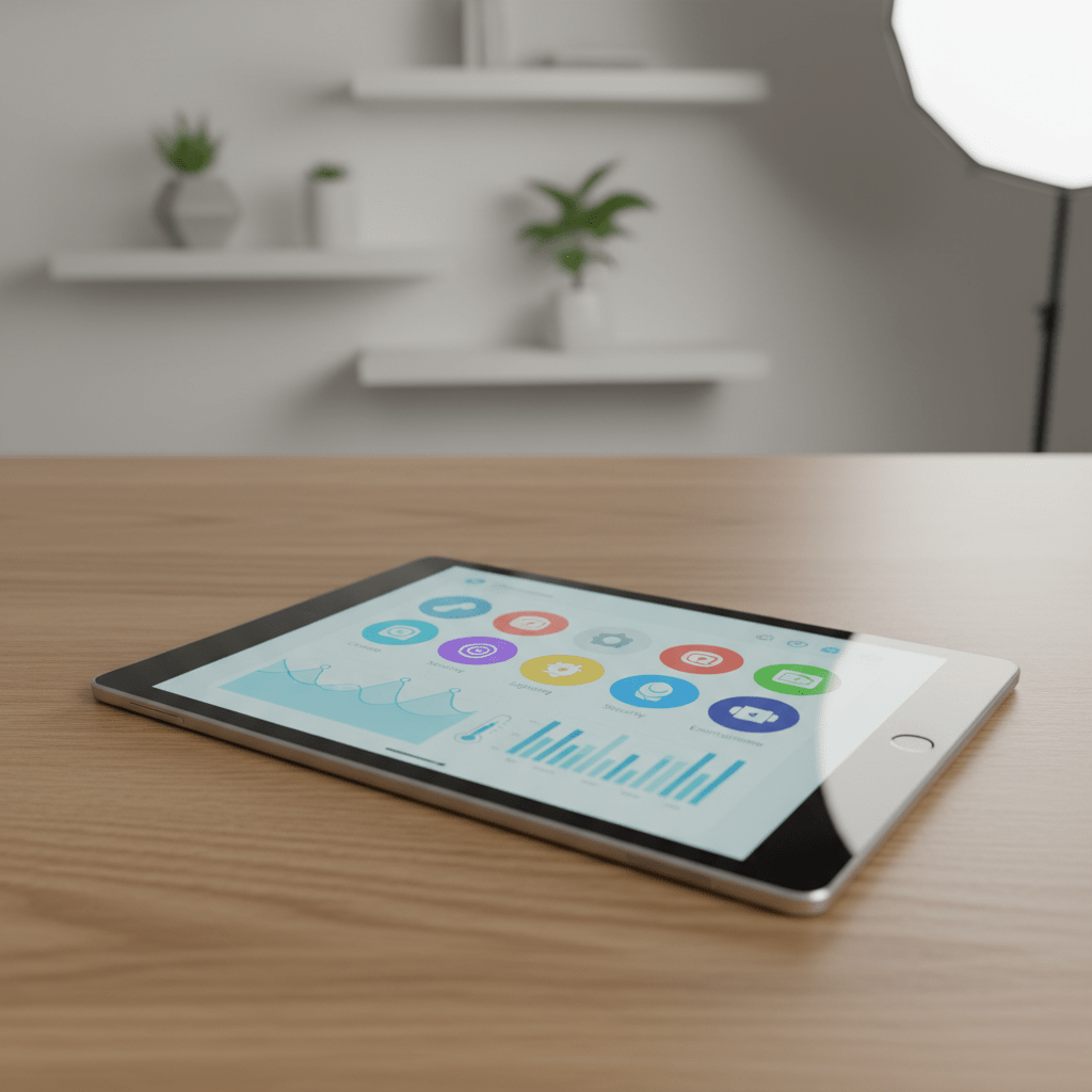 Affordable tablet with custom home automation on a light oak desk.