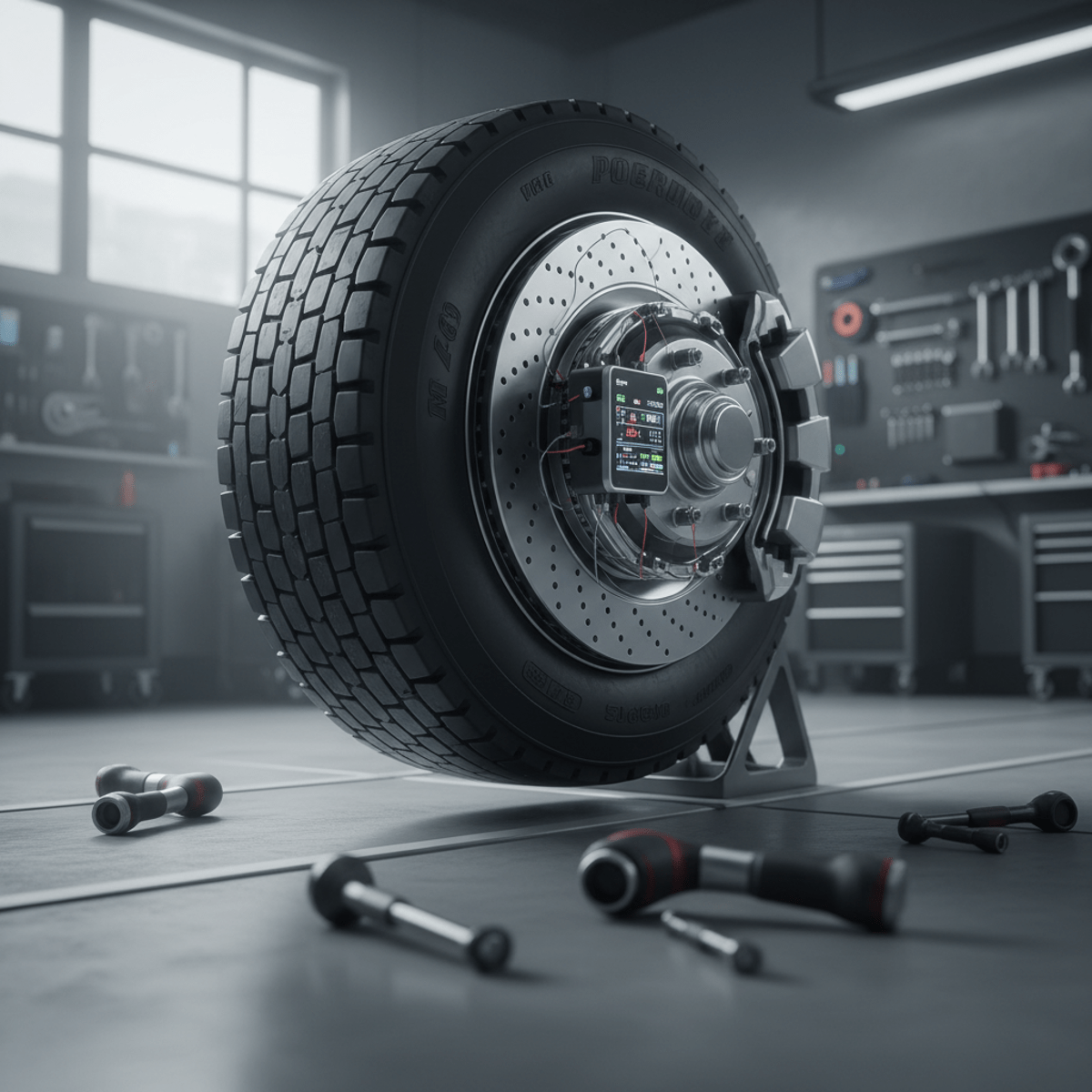 Heavy-duty truck wheel assembly with smart brake pads and sensor wiring in a garage.