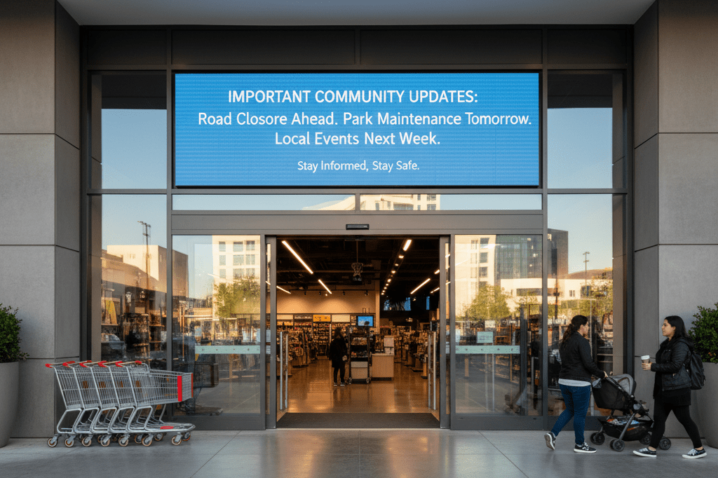 Wide-angle view of a retail store's digital display showing community alerts under natural lighting