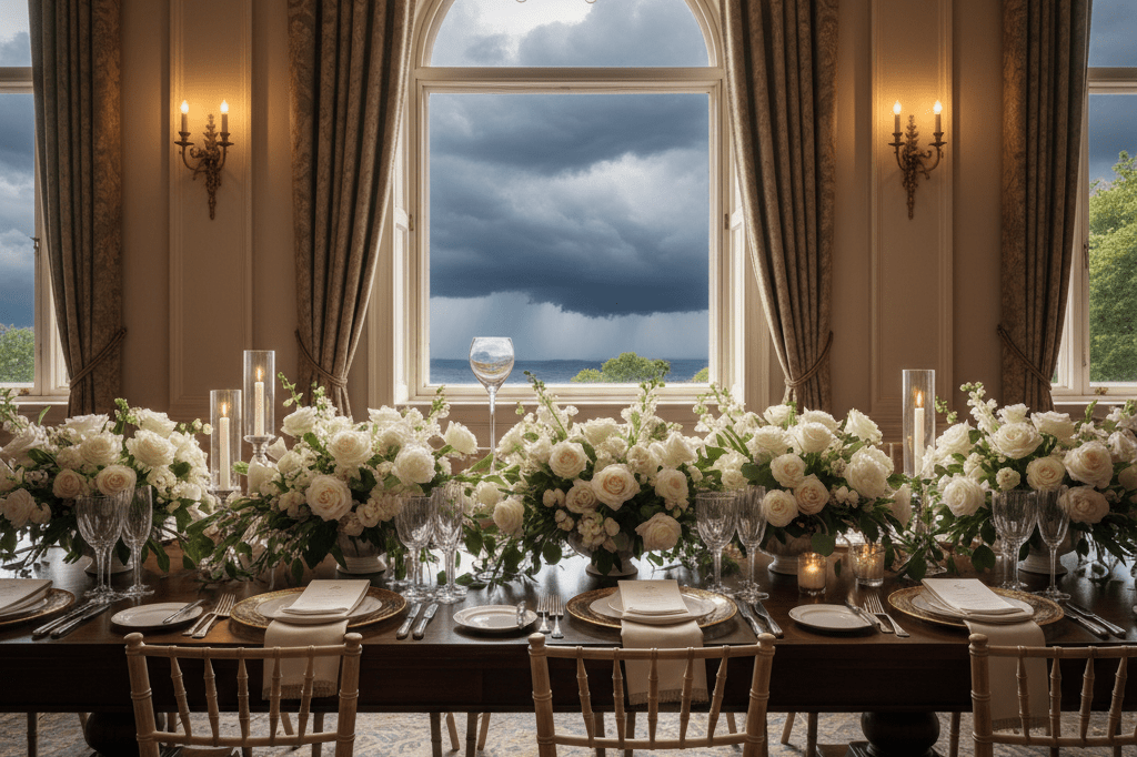 Decorated wedding table with flowers and dinnerware under warm ambient light, hinting at weather challenges ahead
