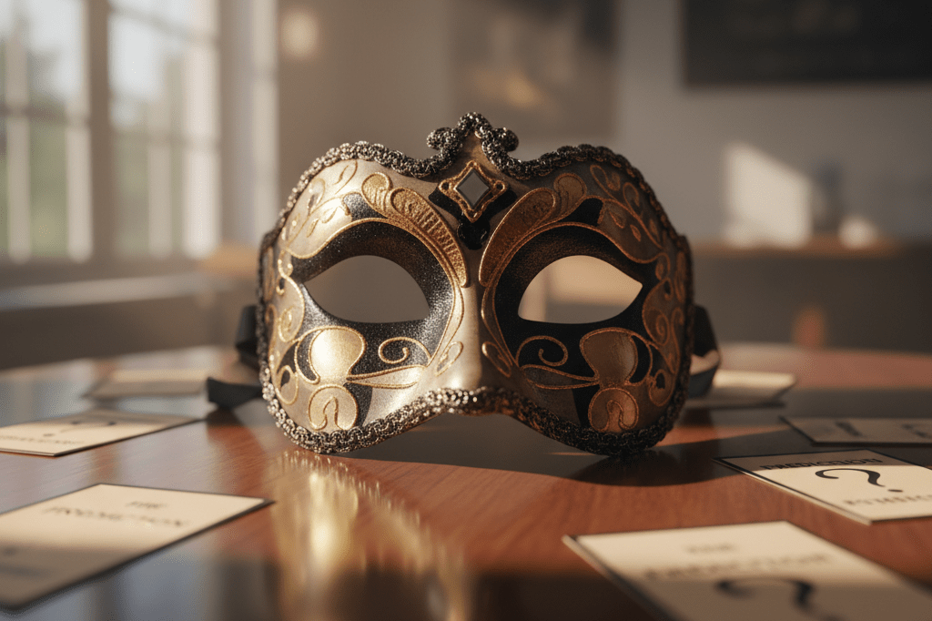 Decorated gold and black mask on a reflective table with prediction cards under natural light, evoking curiosity and audience speculation