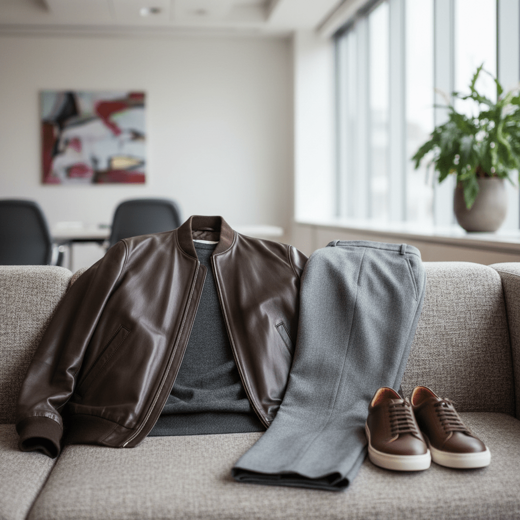 Man wearing espresso brown leather bomber jacket, cashmere sweater, wool trousers, and leather sneakers.