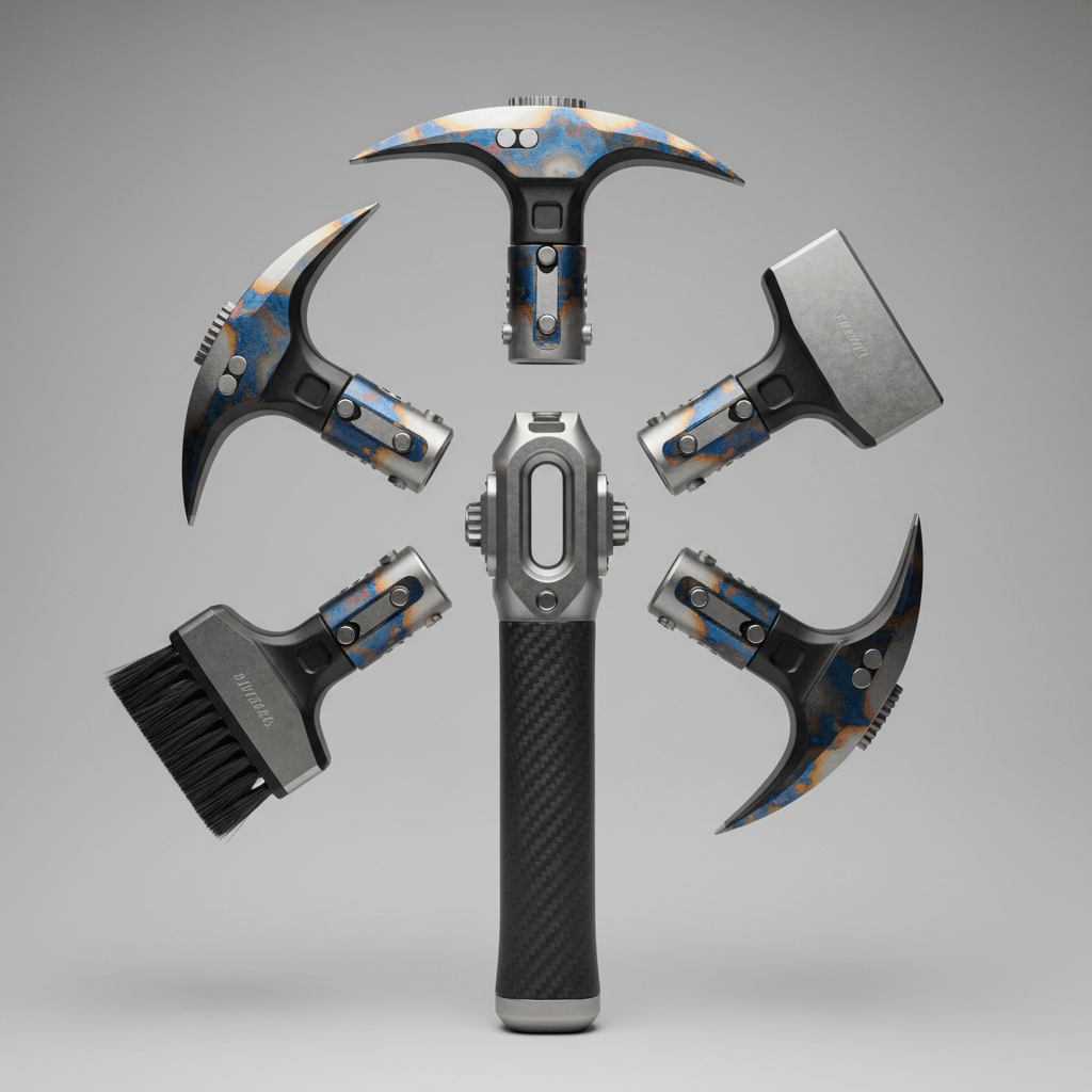 Close-up of a modular geological hammer with detachable heads in radial arrangement.