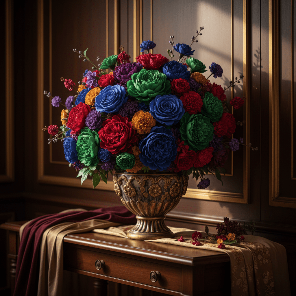 Opulent preserved flowers in jewel tones arranged in a luxurious interior.