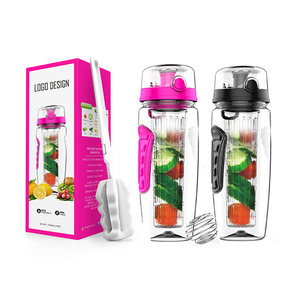 32oz BPA Free Tritan Plastic Sports Water Bottle With Long Juice Fruit Infuser Basket, Leakproof Flip Lid, Cover /Cleaning Brush