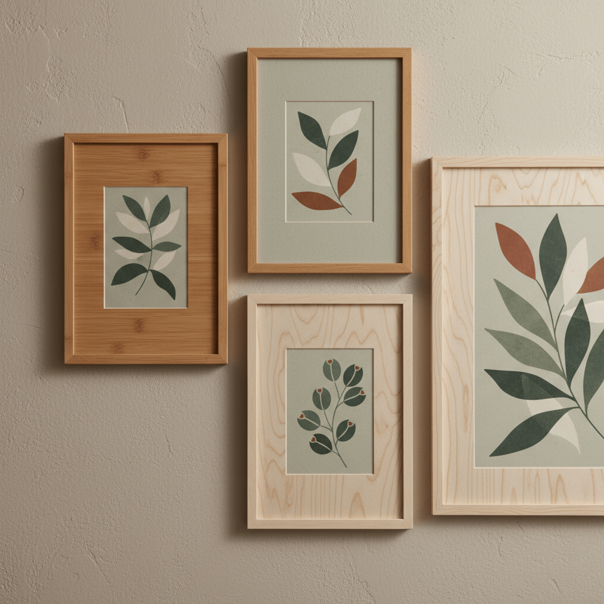 Sustainable wood frames with botanical art on Japandi wall. Sustainable poster frames of bamboo, maple, and birch with botanical art.