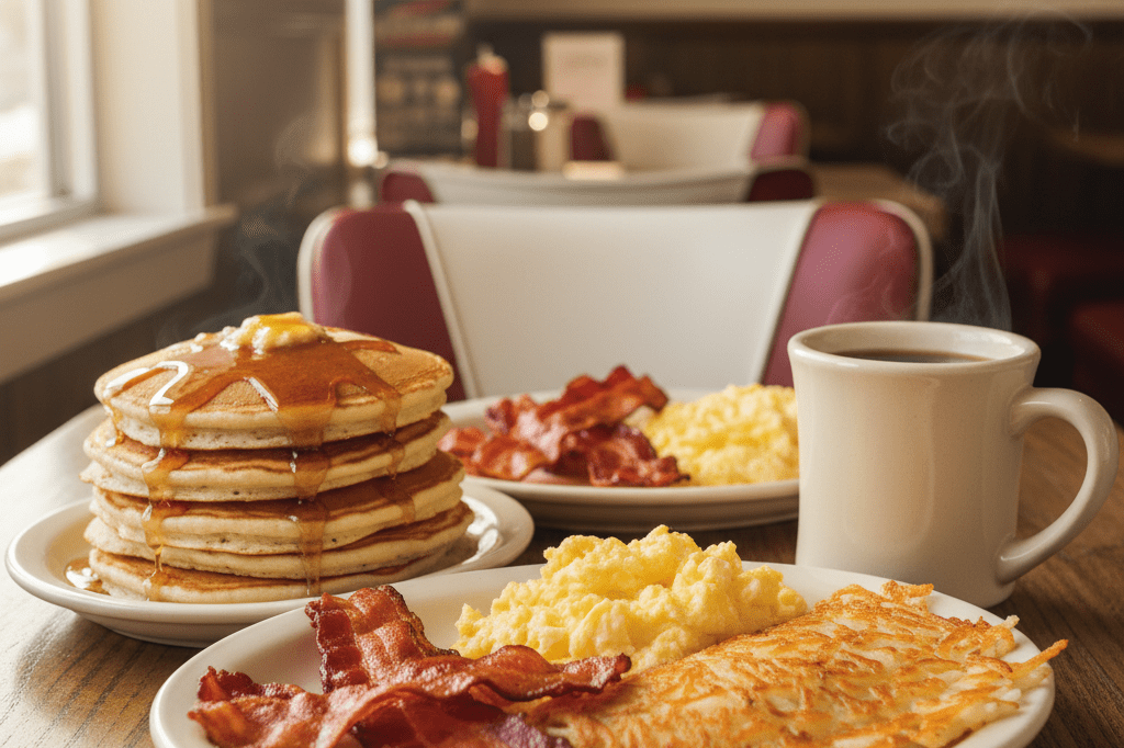 Rustic tabletop with pancakes, bacon, eggs, hash browns, and coffee in natural light, symbolizing established family dining revenue performance