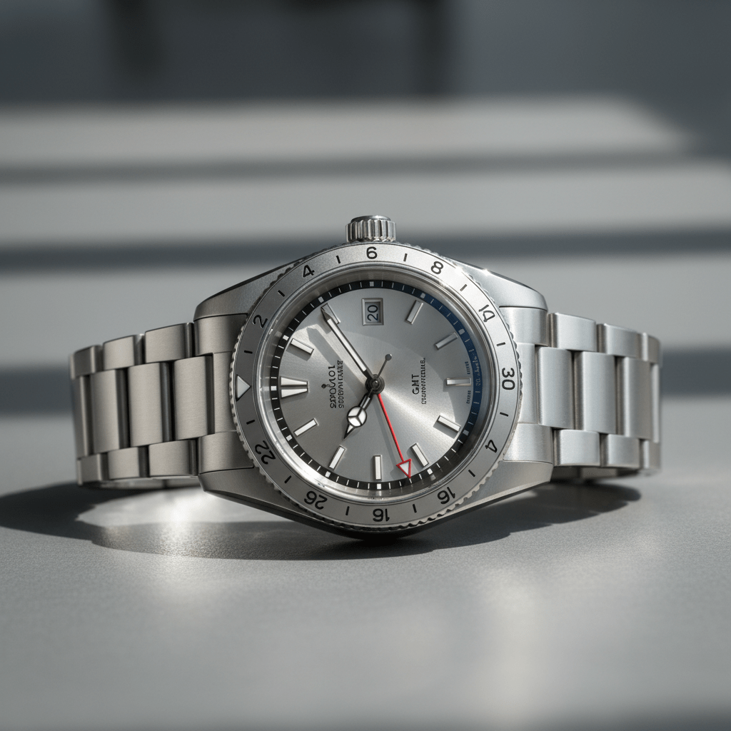 Luxurious GMT watch with dual-time complications and polished indices in studio.