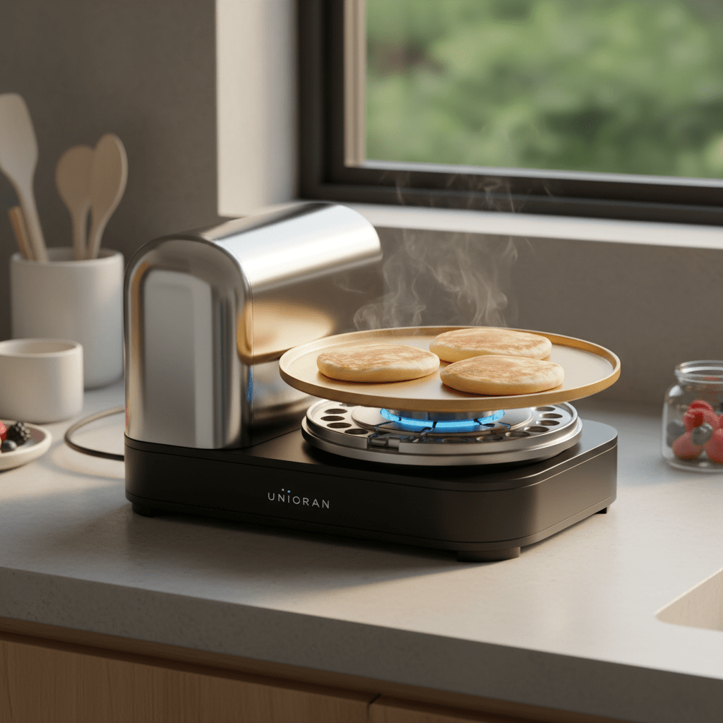 Sleek futuristic pancake machine with interchangeable plate on modern countertop.