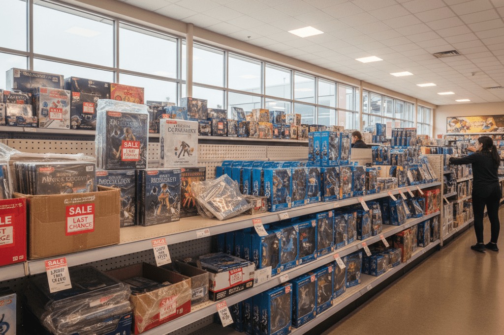 Store shelf with discounted canceled show merchandise next to new stock under warm ambient lighting, representing dynamic retail strategy