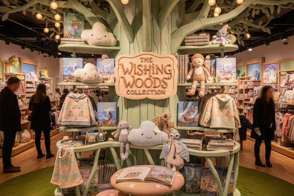 Warmly lit retail display featuring books, toys, and apparel inspired by classic children's fantasy adaptations, promoting immersive shopping experiences