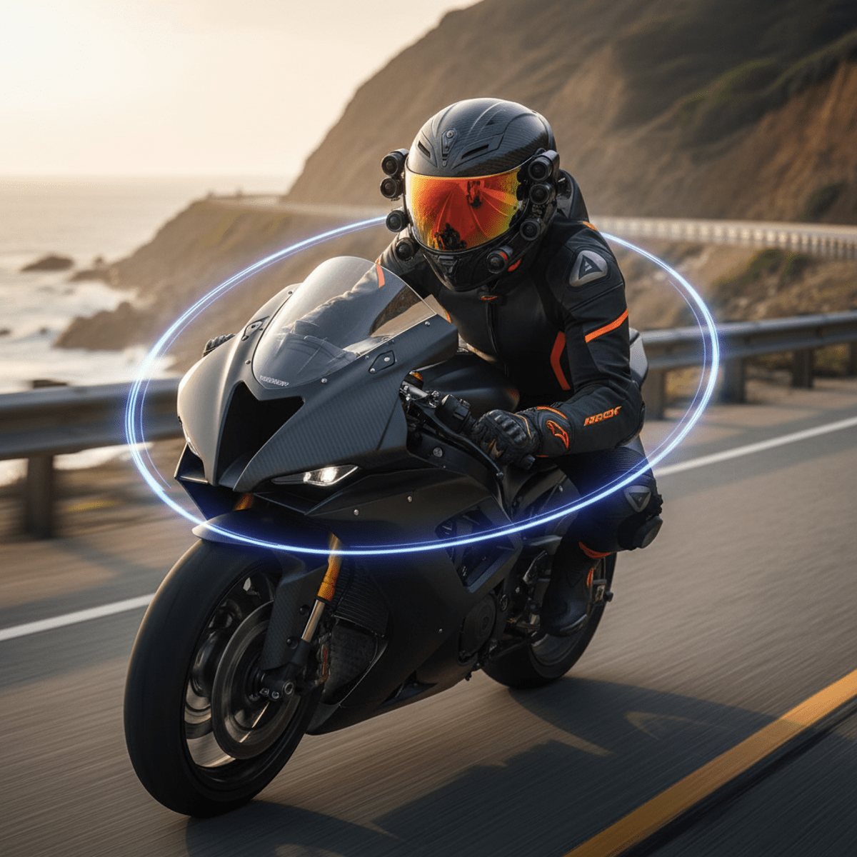 Futuristic helmet camera on sport bike capturing immersive 360-degree video.