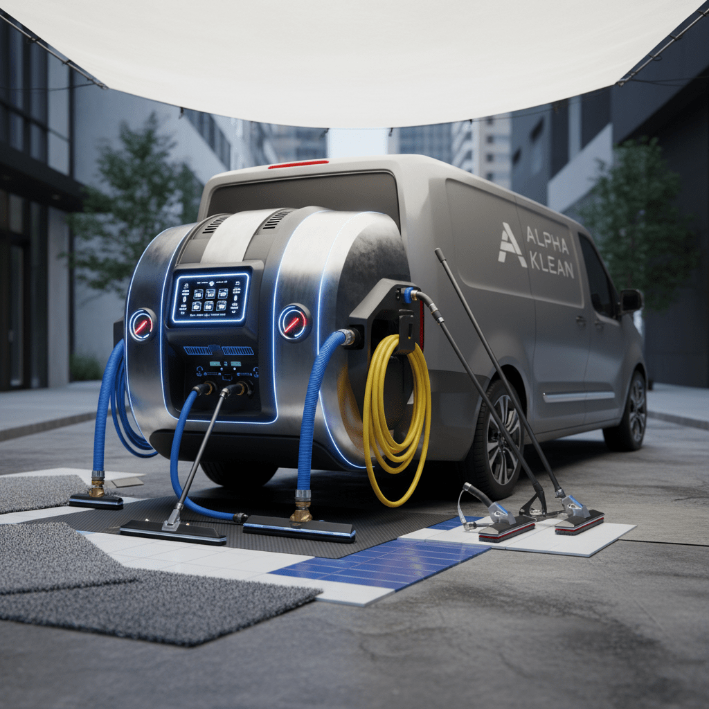 Sleek futuristic carpet cleaner unit mounted on a modern service van.
