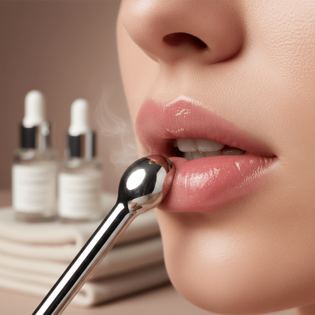 Cooling lip balm application with metal applicator Close-up of pink lip balm applied with a metal tip for a cooling, glossy effect.