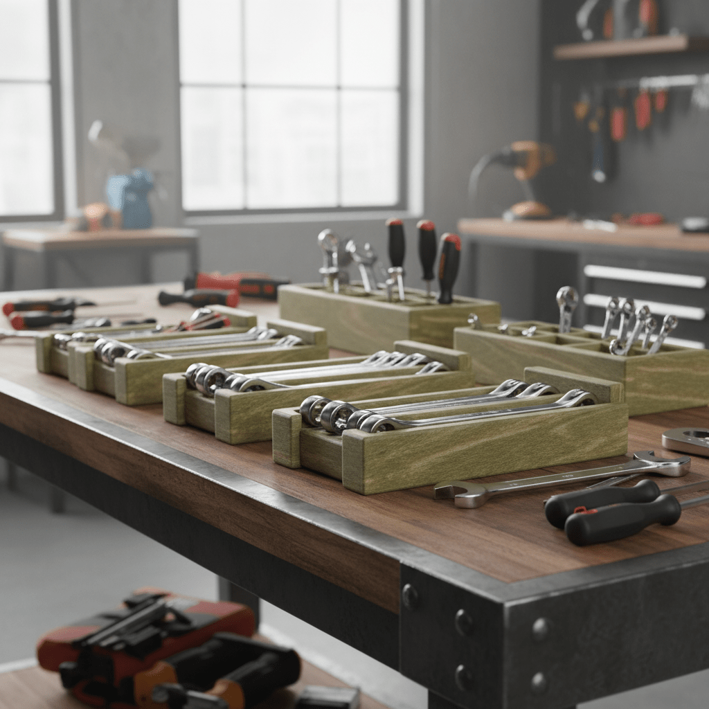 Eco-composite wrench organizers with wood grain texture on a workbench.