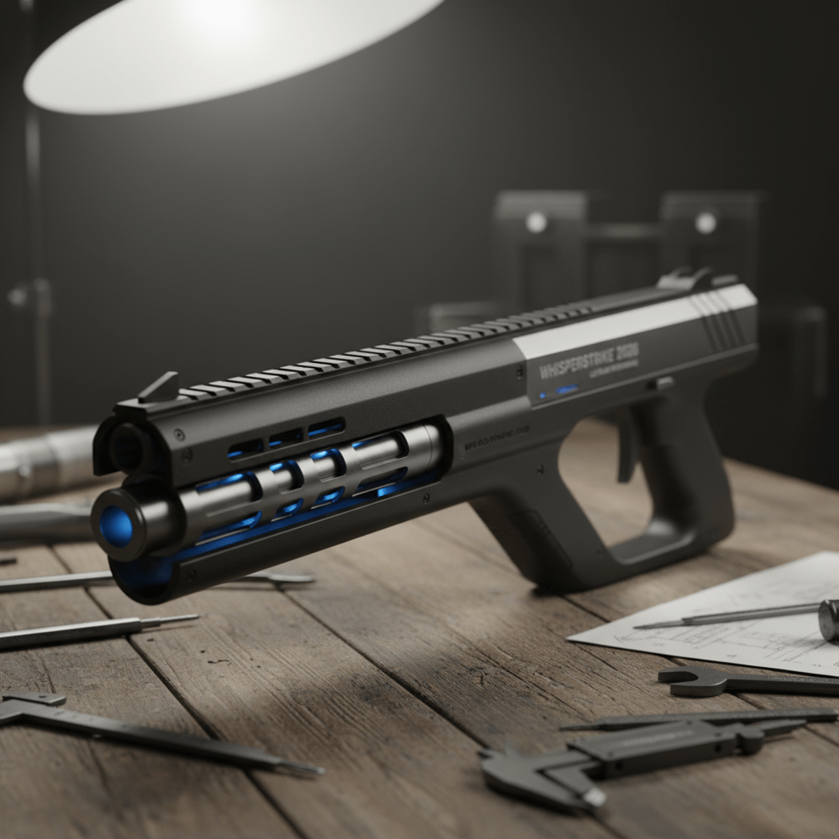 Streamlined BB gun with acoustic chambers on a workbench. Ultra-quiet BB gun with polymer and steel construction on a workbench with tools.