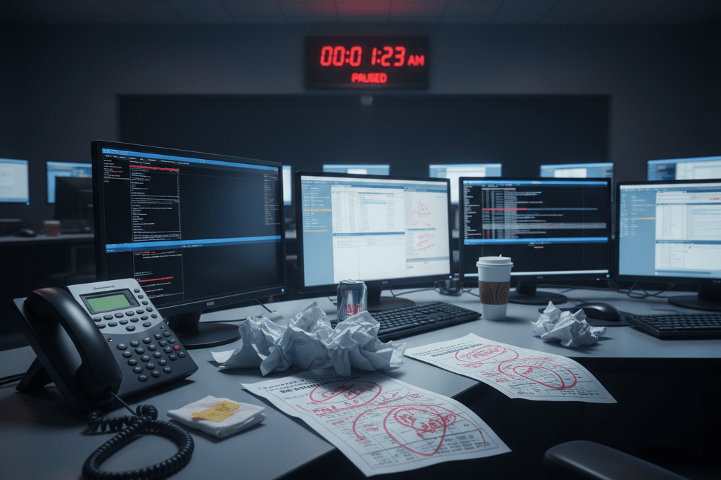 Empty production desk with marked schedules and paused clock under monitor glow, symbolizing rapid incident response