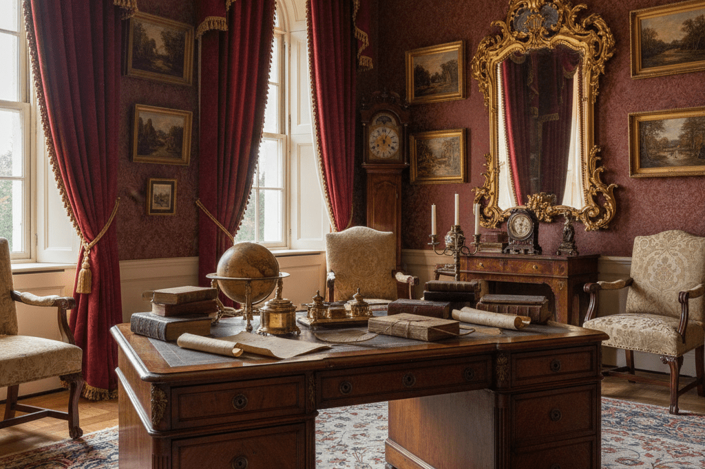 Antique desk with inkwell and parchment in a luxurious period study lit by natural light, symbolizing high-end visual storytelling