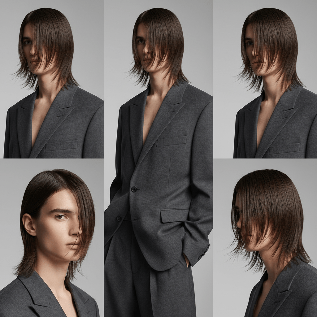 Male model with a trendy 2026 asymmetric curtain haircut and deep side part.