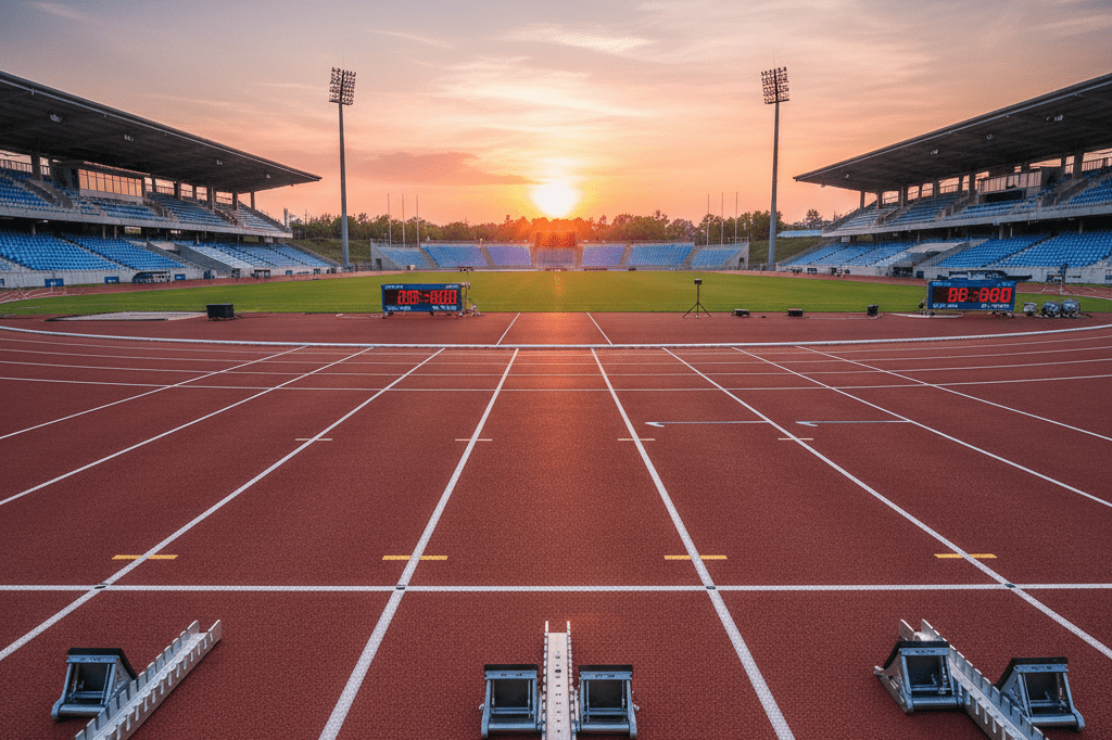 Empty running track with starting blocks and timing gear under warm sunset lighting, evoking anticipation for emerging talent