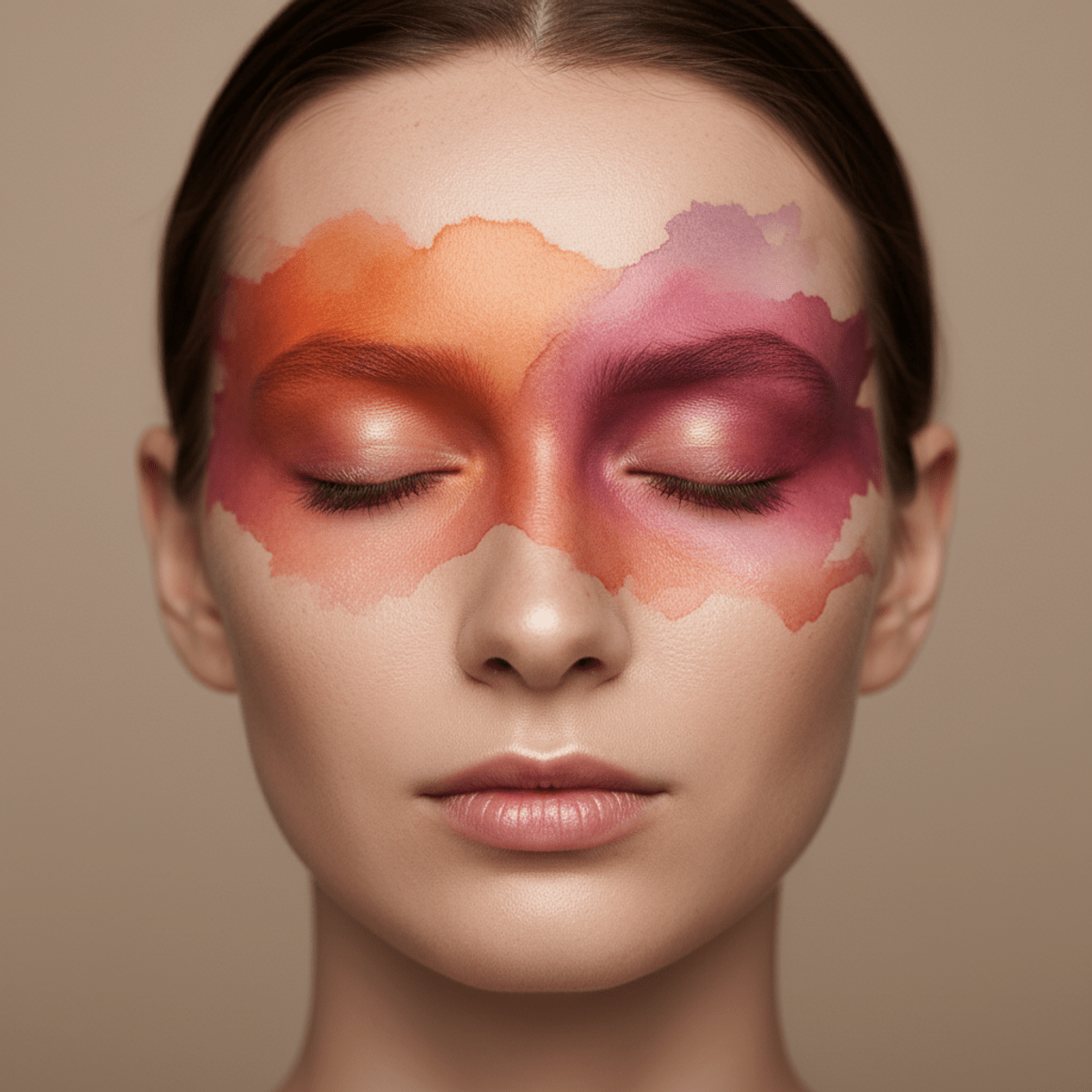 Avant-garde unibrow makeup with soft sunset color transitions and blurred edges.