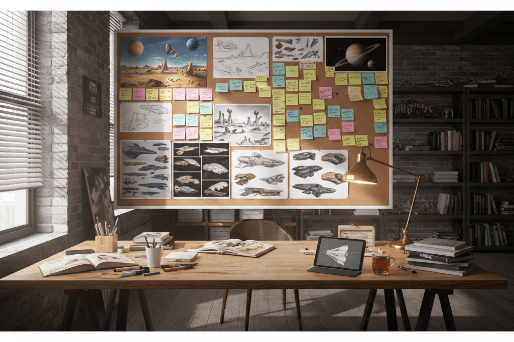 Wide-angle view of a studio workspace with mood boards, sketches, and planning materials under natural light, symbolizing sci-fi series pre-visualization