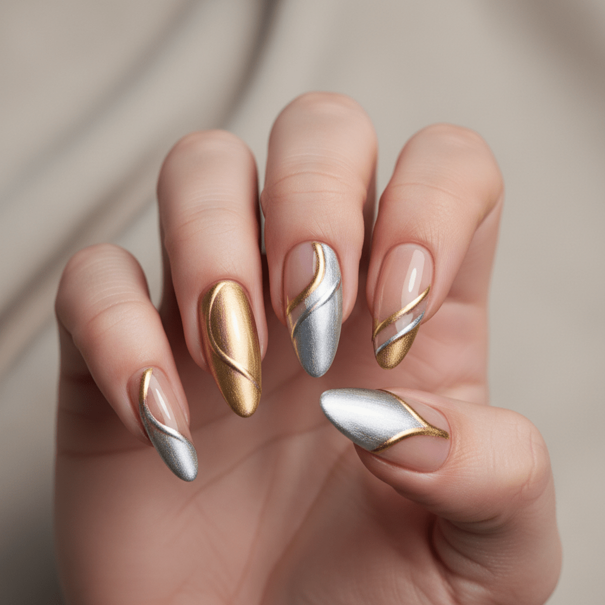 Close-up of French nail designs with metallic gold and silver asymmetrical tips.