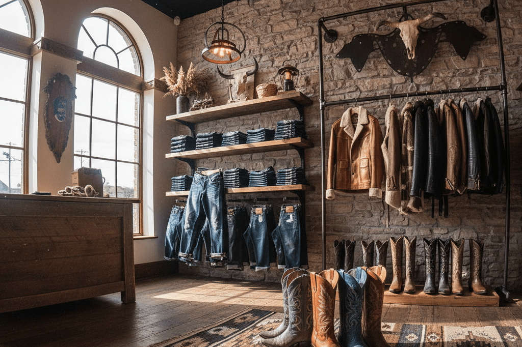 Rustic retail setup featuring premium denim, leather jackets, and cowboy boots under natural and ambient lighting, capturing the western lifestyle trend