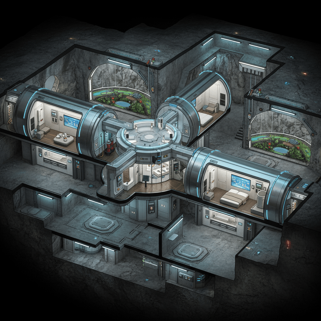 Cutaway view of a modular underground bunker with interconnected pods and modern living spaces.