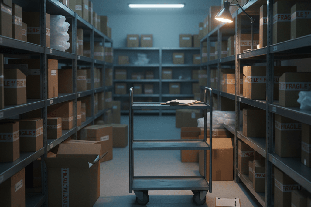 Empty retail stockroom aisle with cart and boxes under dim light, symbolizing Gen Z burnout